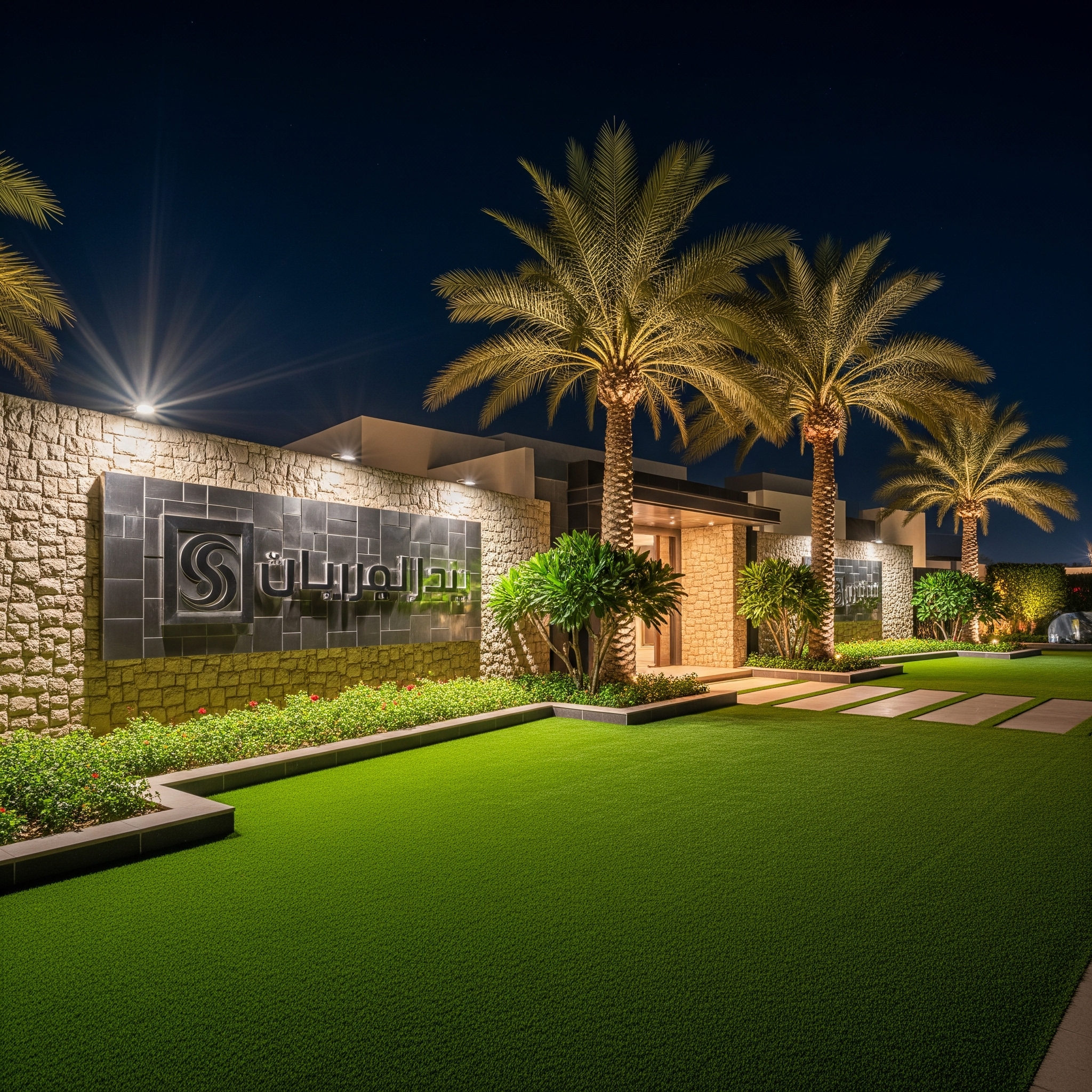 Villa Entrance Plants Dubai around a name wall