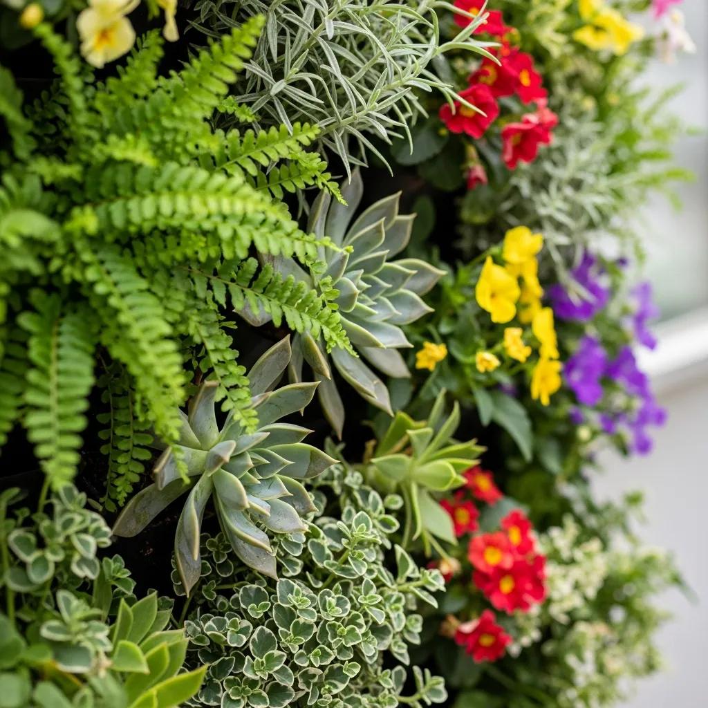 Close-up of vertical garden plants showing texture and color suitable for living walls