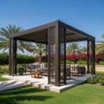 Custom aluminum pergola in a Dubai outdoor setting, highlighting its design and functionality