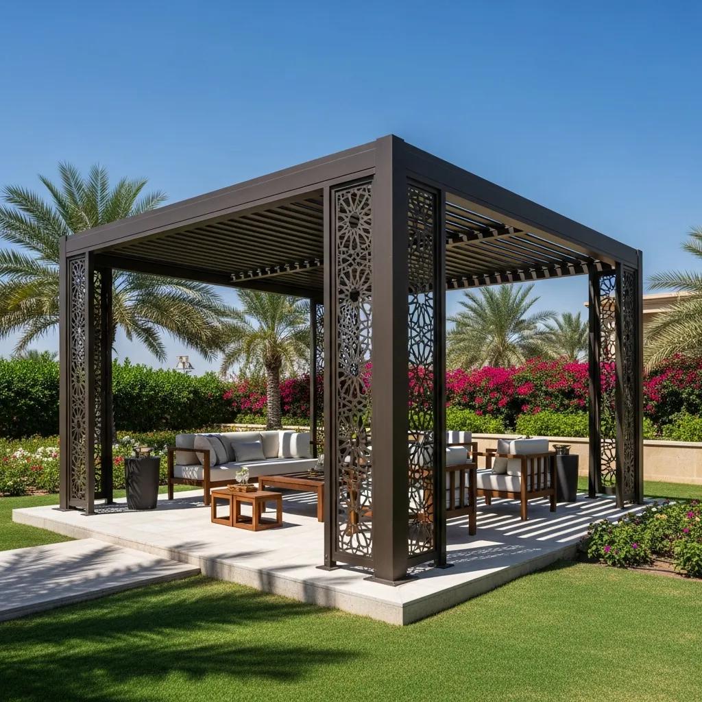 Custom aluminum pergola in a Dubai outdoor setting, highlighting its design and functionality