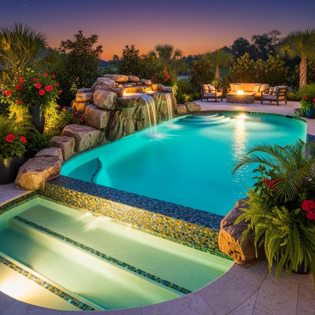 Custom swimming pool design featuring unique features and vibrant landscaping