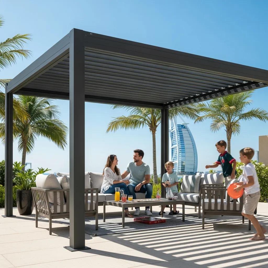 Family enjoying leisure time under an aluminum pergola in Dubai, showcasing its benefits