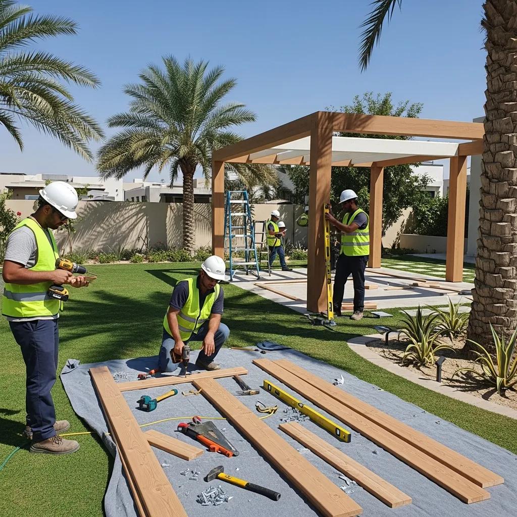 Installation team working on a custom pergola in a Dubai backyard, illustrating the installation process