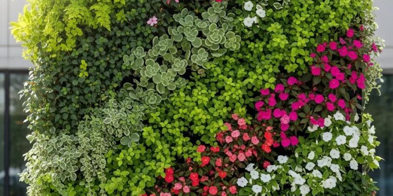 Lush vertical garden installation featuring diverse plants enhancing urban aesthetics