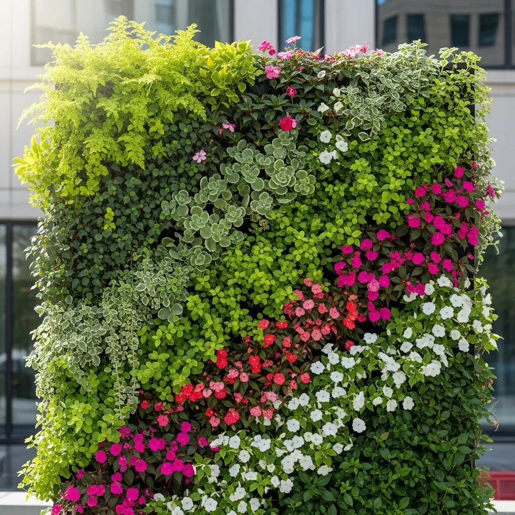 Lush vertical garden installation featuring diverse plants enhancing urban aesthetics