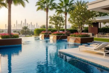 Luxurious outdoor swimming pool with lush landscaping in Dubai