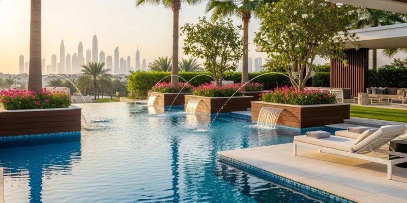 Luxurious outdoor swimming pool with lush landscaping in Dubai