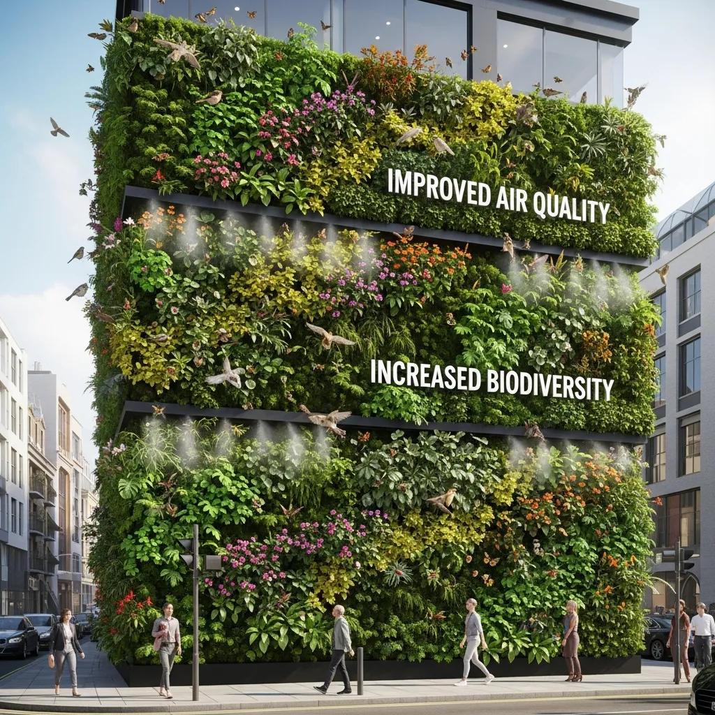 Urban living wall with diverse plants improving air quality and visual appeal